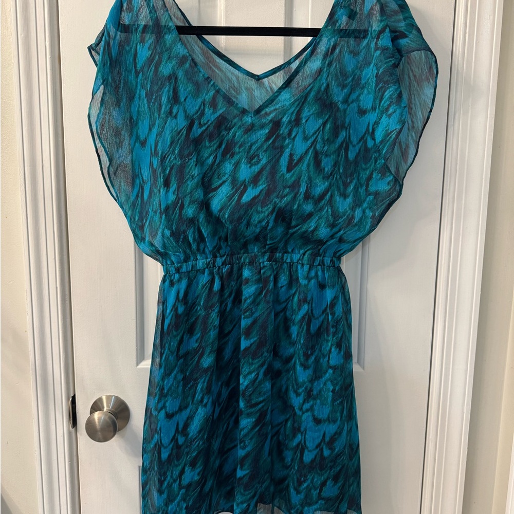 Express Blue Green Black Abstract Watercolor Pattern Flutter Dress Sz S